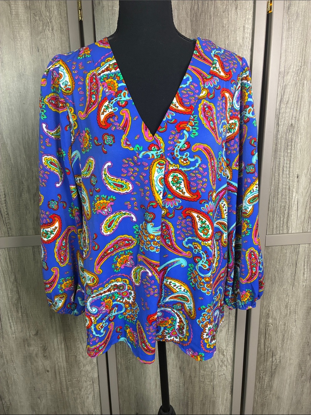 Emily Wonder Bright Blue Paisley V-Neck Blouse Women's L